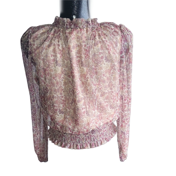 Joie Floral Ruffle Long Sleeve Blouse Pink And Tan Smocked Hemline M - Picture 5 of 6